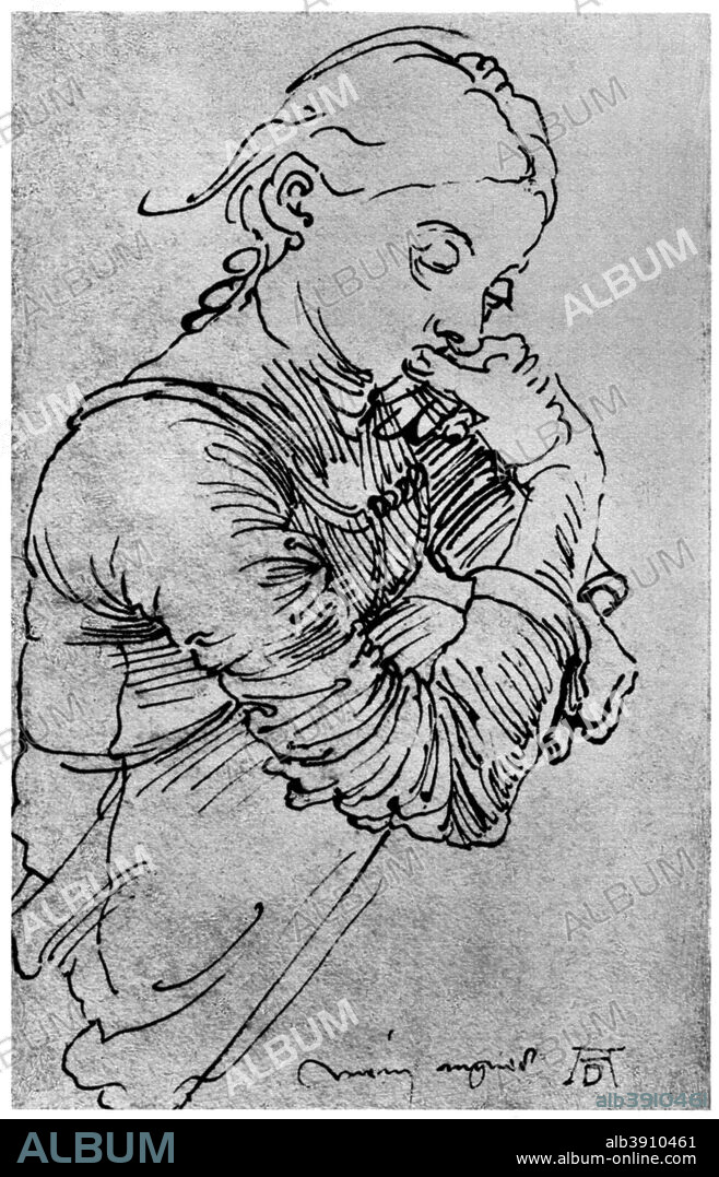 My Agnes, Durer's wife depicted as a girl, 1495, (1936). Found in the collection of the Graphische Sammlung Albertina, Vienna, Austria. A print from Durer, Und Seine Zeit, by Wilhelm Waetzoldt, Grosse Phaidon Ausgabe, 1936.