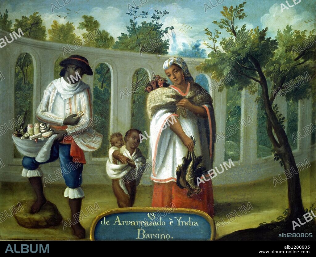 Scene of miscegenation nº 13. 'De Albarazado y India: Barsino'. Anonymous, 18th century.