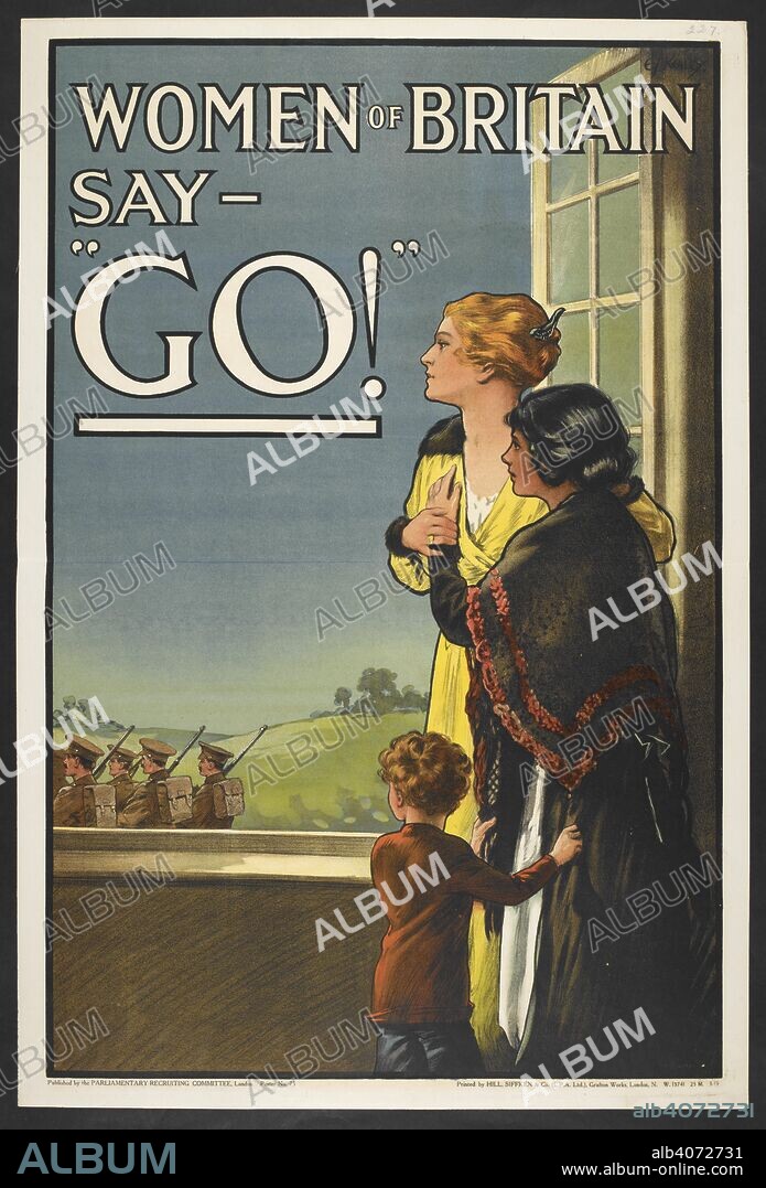 'Women of Britain say - "GO!". A British patriotic poster urging men to volunteer to go to fight for their country. [A collection of English and French War (World War I) Posters.]. 1914-1919. Source: Tab.11748.a. poster 227.