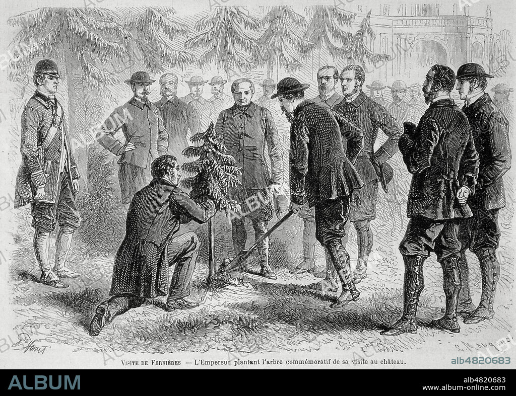 Famille ROTHSCHILD: 'Visite de Ferrieres, l'empereur plantant un arbre commemoratif de sa visite au chateau' JAMES ROTHSCHILD (1792-1868), recoit l'empereur Napoleon III. Gravure in Le Monde Illustre en 1862 . Credit Collection Kharbine Tapabor.