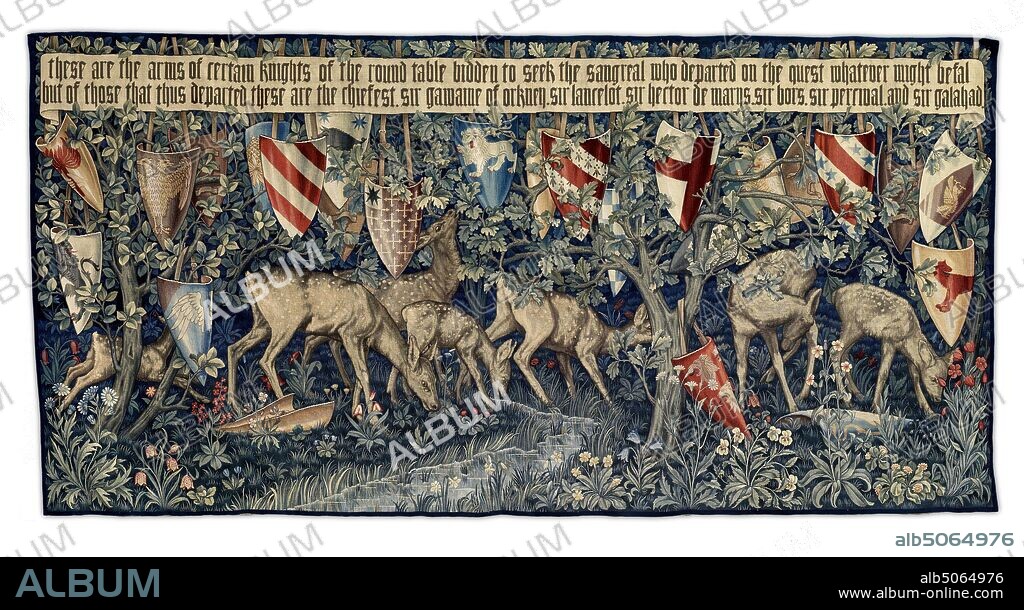 Quest for the Holy Grail Tapestries, Verdure with Deer and Shields, 1900 Designer: Edward Burne-Jones Designer: William Morris,, Designer: John Henry Dearle,, Manufacturer: Morris & Co, The shields hung from branches represent, from left to right: Sir Gawaine (double-headed eagle), Sir Launcelot (red and white bars), Sir Percival (crosses with black star), Sir Bors (white bars with ermine and red bars), and Sir Galahad (red cross on white)., Applied Arts, Arts and Crafts, TextilesPre-Raphaelite, Tapestry, Knight, Arthurian Legend, Holy Grail, Animal, Deer.