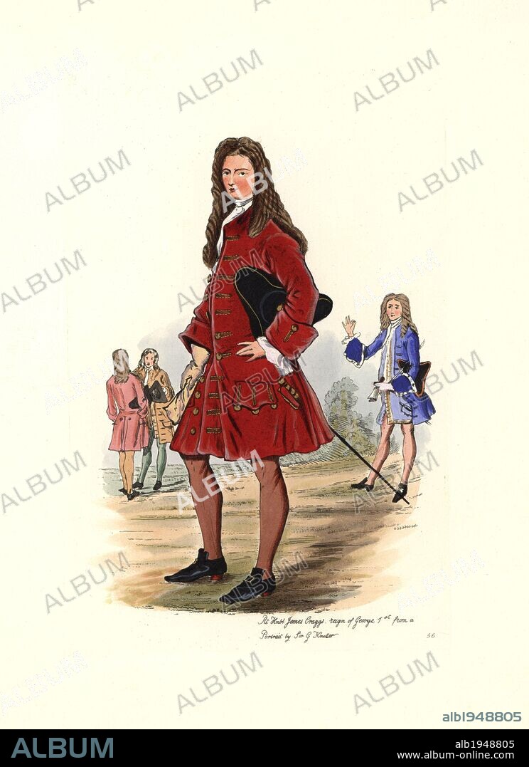Male costume in the reign of George I. Portrait of Right Honorable James Craggs the younger (1686-1721) by Sir Godfrey Kneller. He wears a crimson jacket (dark green in Kneller's portrait), with lace cuffs, tricorn, buckled shoes and hose. The figure in the background is based on John Vanbrugh's portrait of actor Colley Cibber as Lord Foppington. Handcolored engraving from "Civil Costume of England from the Conquest to the Present Period" drawn by Charles Martin and etched by Leopold Martin, London, Henry Bohn, 1842. The costumes were drawn from tapestries, monumental effigies, illuminated manuscripts and portraits. Charles and Leopold Martin were the sons of the romantic artist and mezzotint engraver John Martin (1789-1854).