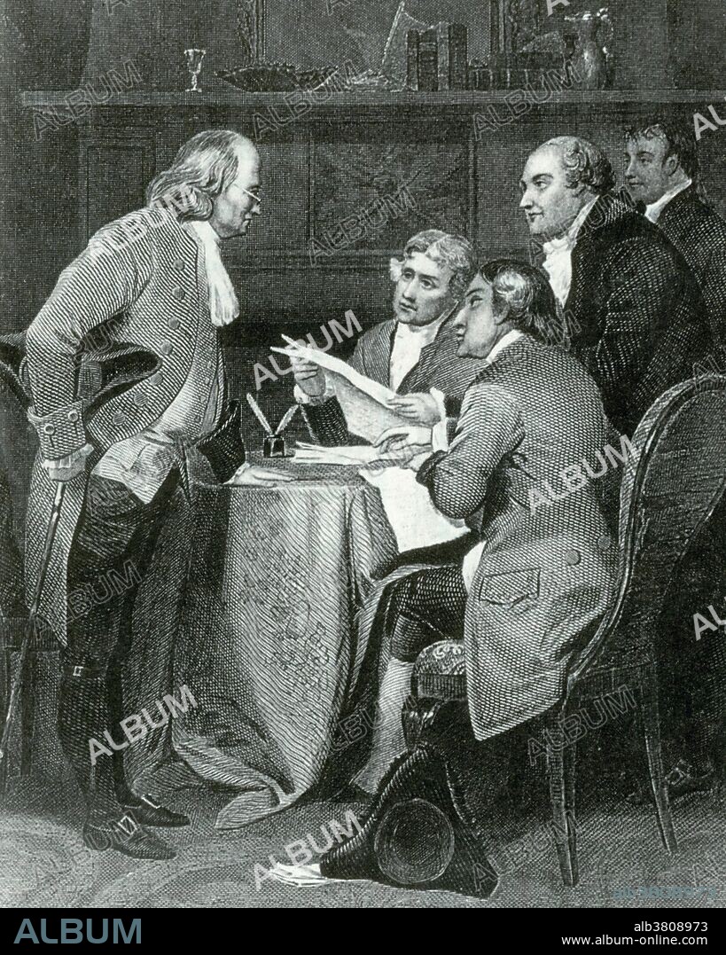 Meeting of the Declaration Committee. Pictured are Thomas Jefferson, Roger Sherman, Benjamin Franklin, Robert Livingston, and John Adams drafting the Declaration of Independence in June 1776.