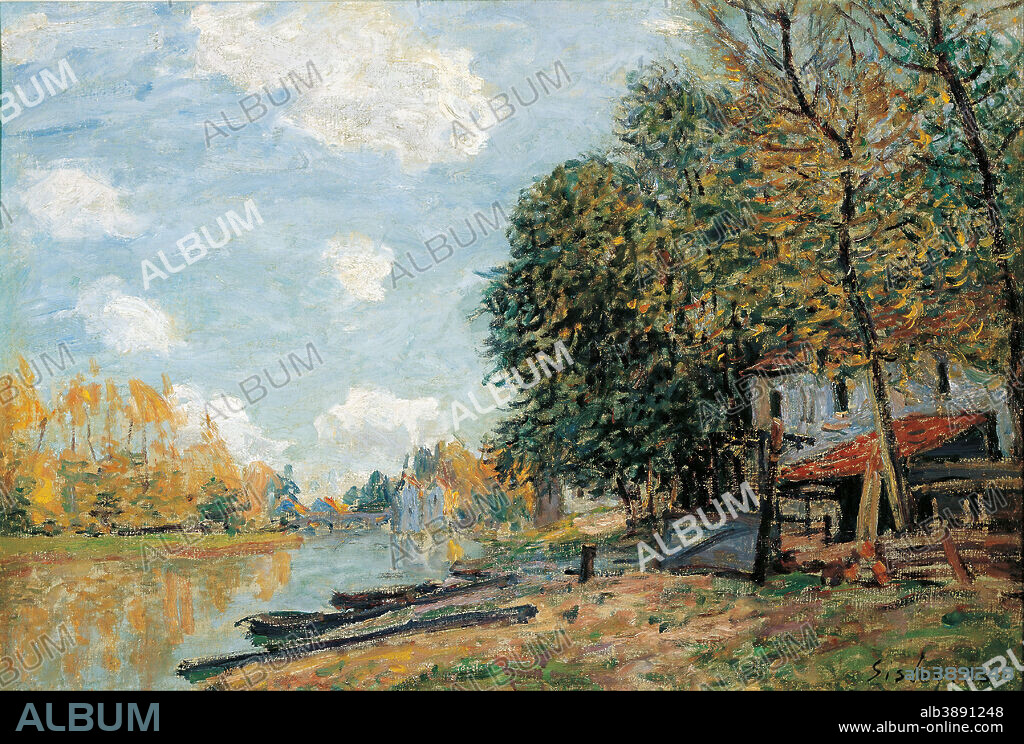 ALFRED SISLEY. Moret: The Banks of the River Loing, 1877. Date/Period: 1877. Painting. Oil on canvas. Height: 52 cm (20.4 in); Width: 74 cm (29.1 in).