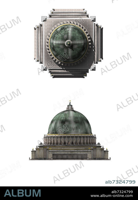 Nazism / Architecture / 20th Century. Welthauptstadt Germania ( "World Capital Germania") : refers to the projected renewal of the German capital Berlin during the Nazi period, part of Adolf Hitler's vision for the future of Germany after the planned victory in World War II. (Albert Speer, the "first architect of the Third Reich", produced many of the plans for the rebuilt city in his capacity as overseer of the project, only a small portion of which was realized between the years 1937 and 1943 when construction took place). View of the Volkshalle or Great Hall (Große Halle). Albert Speer's project (1937-1943). 3D Reconstruction.