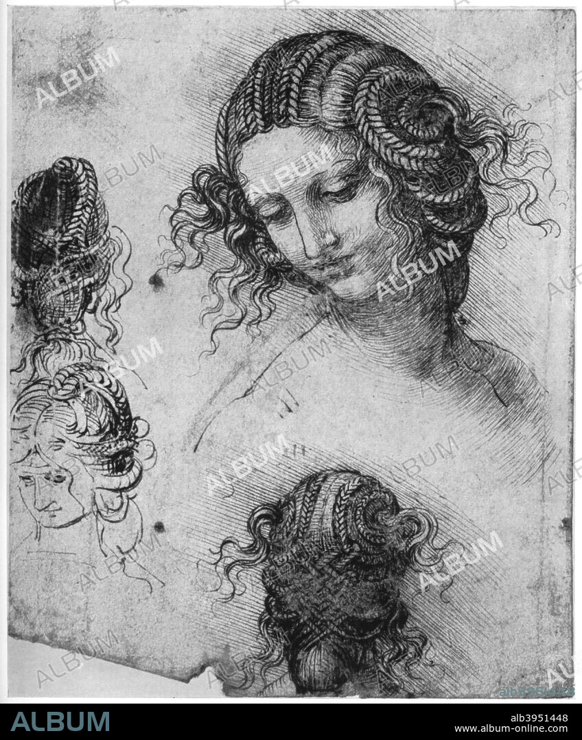 Study for the Head of Leda, 1503-1507 (1954). Found in the collection of the Royal Library, Windsor Castle, Windsor. A print from Leonardo da Vinci by Ludwig H Heydenreich. (London, 1954).