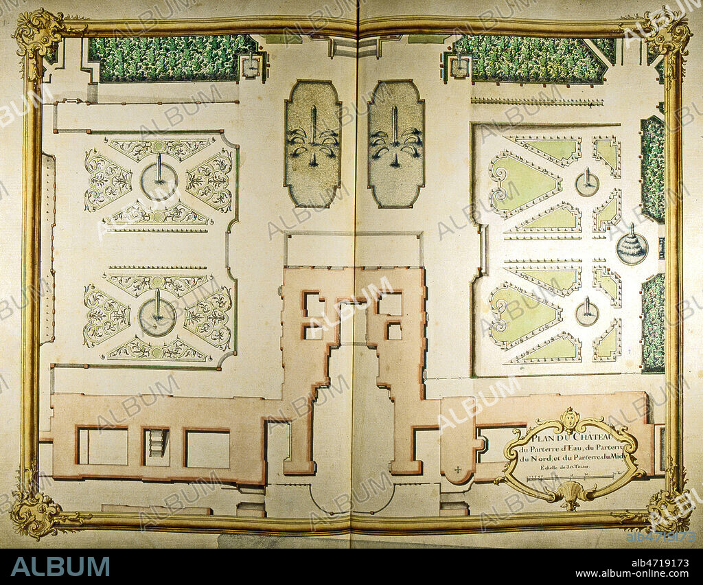 Parterre d'eau, parterre du nord, parterre du midi. Plan tire de l'ouvrage de Jacques DUBOIS 'Recueil des plans des distributions du chateau et jardins de Versailles', datant de 1732. Ouvrage conserve a la bibliotheque municipale de Versailles. Ms F 462. Credit : Collection JEAN VIGNE / KHARBINE-TAPABOR.