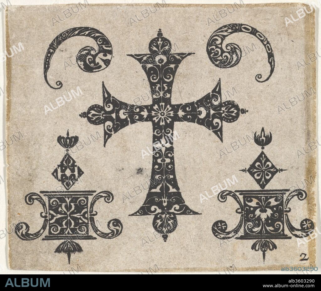 Blackwork Print with a Latin Cross and Small Motifs. Artist: After Giovanni Battista Costantini (Italian, active 1615-1628). Dimensions: Sheet: 1 15/16 x 2 5/16 in. (4.9 x 5.8 cm). Publisher: Claes Jansz. Visscher (Dutch, Amsterdam 1586-1652 Amsterdam). Date: ca. 1620.
