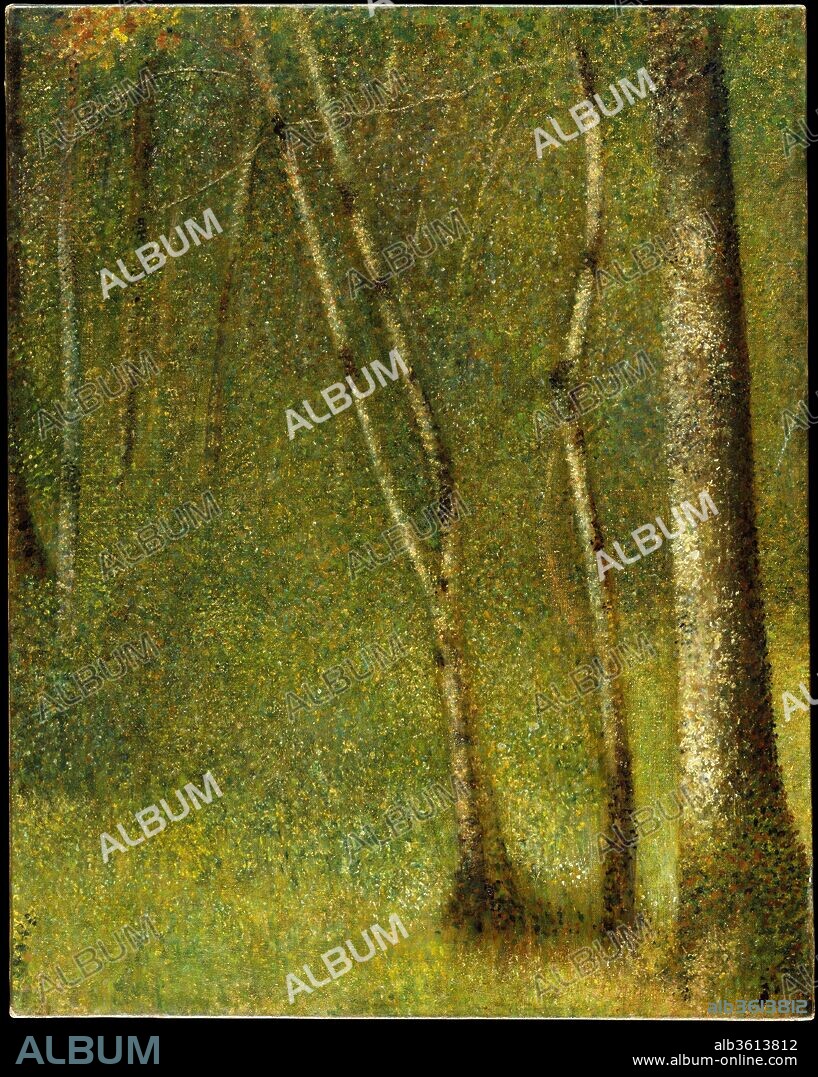 The Forest at Pontaubert. Artist: Georges Seurat (French, Paris 1859-1891 Paris). Dimensions: 31 1/8 x 24 5/8 in. (79.1 x 62.5 cm). Date: 1881.
Seurat spent two months in the late summer and early fall of 1881 in Pontaubert, a village southeast of Paris once frequented by Daubigny, Corot, and other Barbizon landscape painters. His visit inspired this <i>sous-bois</i> or forest glade, which Seurat probably completed that winter in the studio he shared with his traveling companion and fellow artist Aman-Jean. With its concert of greens, its subtle, shimmering light effects, and its vertical pattern of tree trunks, this work anticipates the verdant settings of Seurat's monumental <i>Bathers at Asnières</i> in London (1884) and <i>A Sunday on La Grande Jatte</i> in Chicago (1884-86).