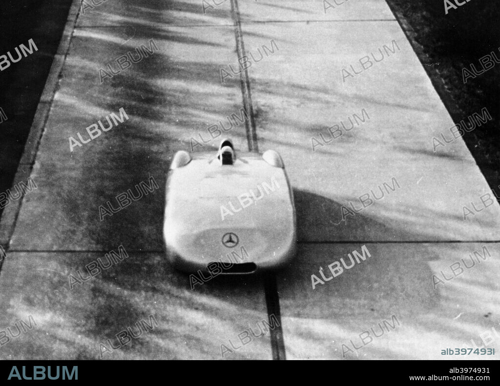 Mercedes-Benz Streamliner car, 1938. On 28th January, 1938, Rudolf Caracciola drove this car at 268.657 mph along the Frankfurt-Darmstadt Autobahn, recapturing the Land Speed Record for Class B cars (with engines smaller than 8000cc) from Mercedes' great rivals Auto Union. It remains the fastest speed ever driven by a car on a normal road. Later the same day, in attempting to regain the record for Auto Union, Bernd Rosemeyer was killed when he crashed and the car disintegrated.