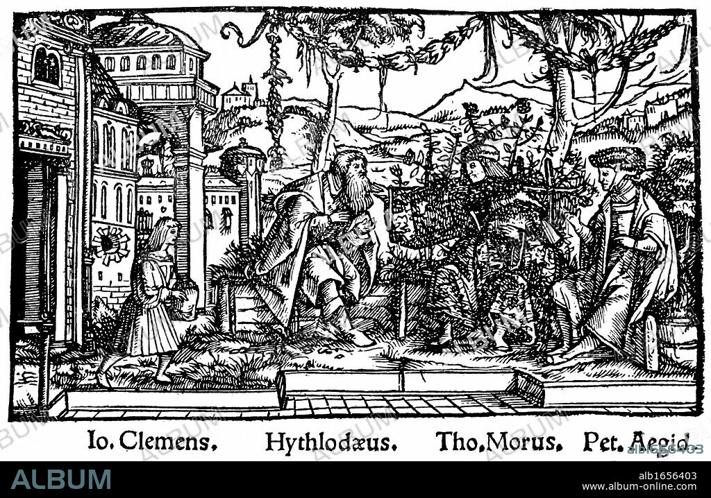 Headpiece from Thomas Moore's work depicting an ideal state where reason ruled, Utopia 1518 (Ist edition 1516) showing More in discussion with Raphael Hythlodaeus (Hythloday) traveller and philosopher, and Peter Giles   Woodcut.