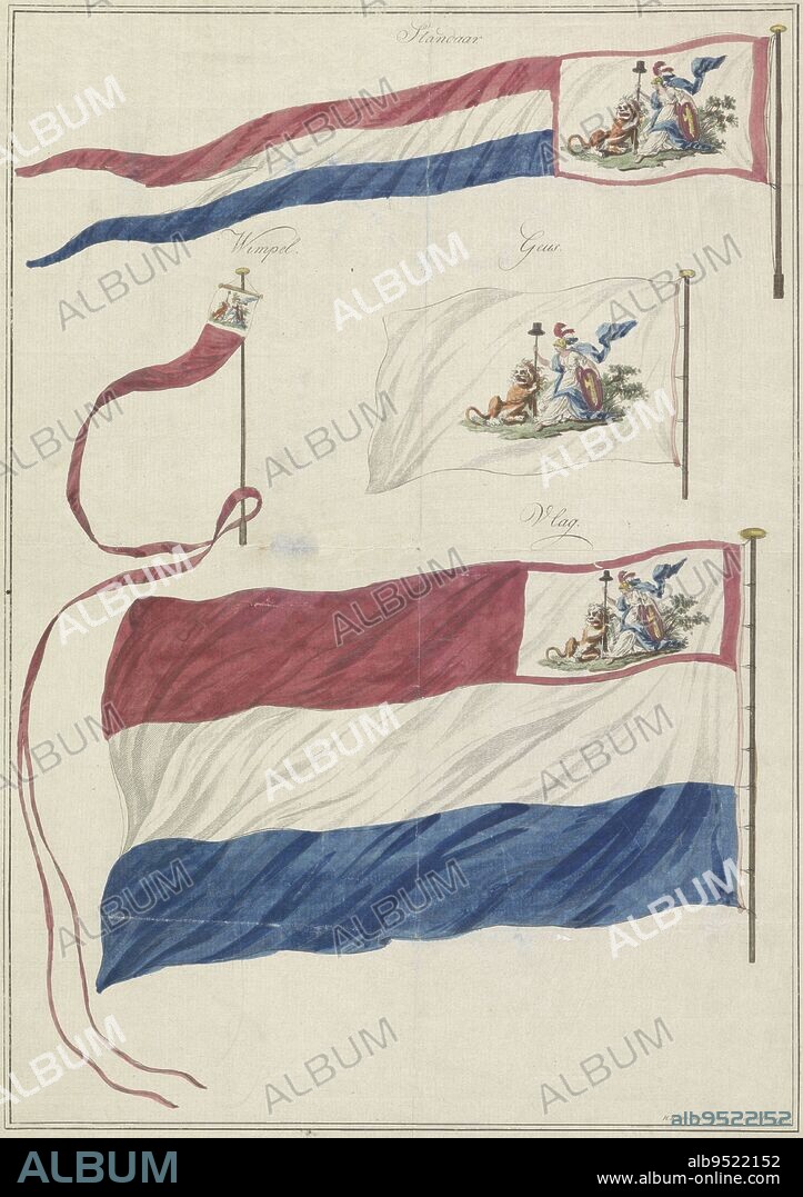 Four variants of the new flag of the Navy of the Batavian Republic, introduced March 1, 1796. The different appearances are: standard, pennant, geus and flag. The flag of the Navy is distinguished by the addition of an allegorical emblem in which the Dutch Virgin and the Dutch Lion together hold a spear with the liberty hat., Flags of the Navy of the Batavian Republic, 1796, print maker: Hendrik Roosing, (mentioned on object), Rotterdam, 1796, paper, etching, engraving, h 434 mm × w 275 mm.