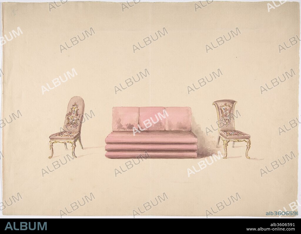 Design for a Pink Sofa and Two Mauve Chairs. Artist: Anonymous, British, 19th century. Dimensions: sheet: 10 13/16 x 14 15/16 in. (27.5 x 37.9 cm). Date: early 19th century.