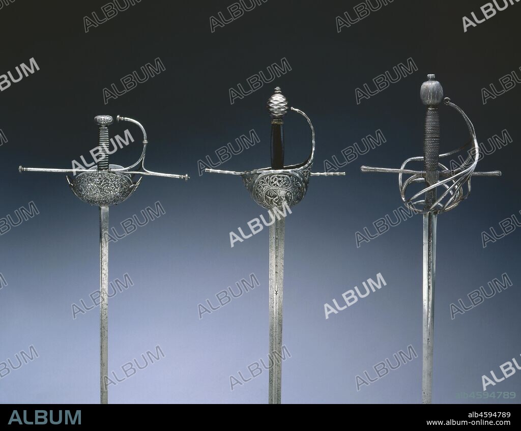 Rapier, c. 1580-1610. The rapier was a sword worn with civilian dress and used in duels. The term rapier derives from the 16th-century French word  rapière , which in turn derived from the Spanish  espada ropera , or "dress sword." The rapier was a light weapon with a straight double-edged and pointed blade that, with the development of the art of fencing in the 1500s and 1600s, gradually became narrower and lighter, and thus suitable for thrusts only. With the new technique of swordplay emphasizing the point of the blade, sword guards became more complex to protect the duelist?s unarmored hand. These elaborate guards were frequently decorated by various techniques?chiseling, bluing, russeting, and damascening.