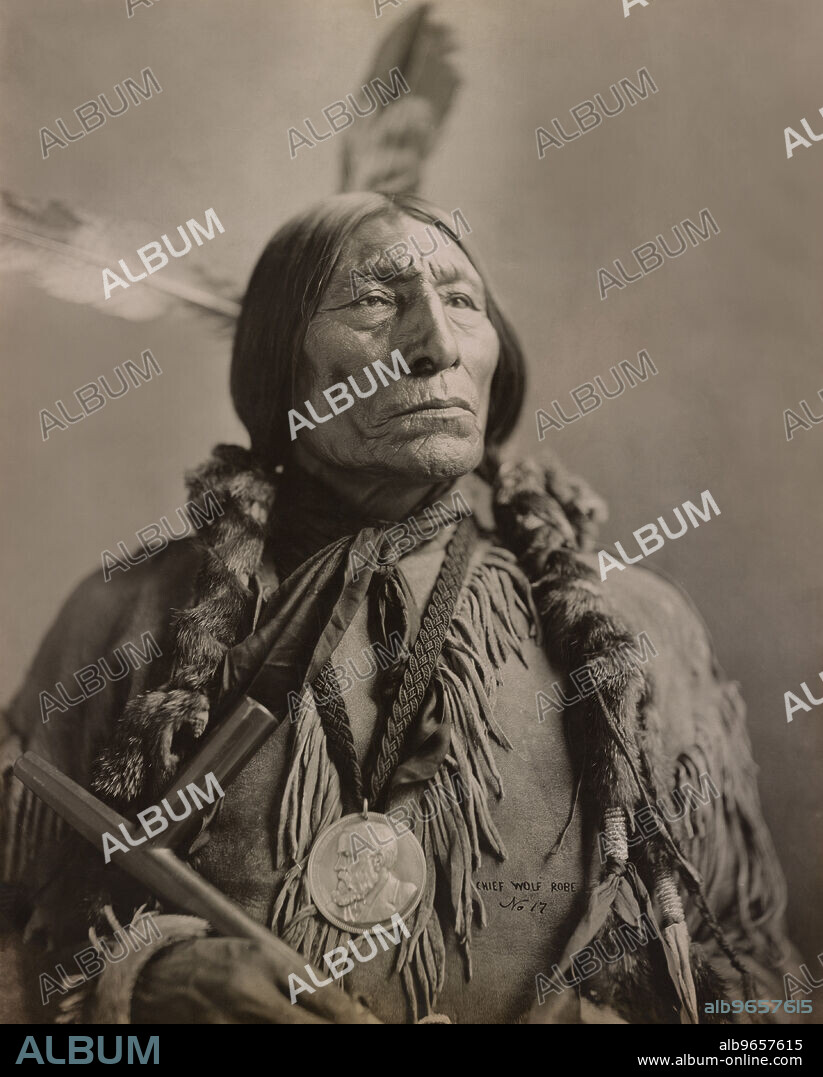 Wolf Robe, Southern Cheyenne Chief, Wearing a Benjamin Harrison Presidential Medallion, which he Received from the Federal Government in 1890 for Assisting the Cherokee Commission in Negotiations for Disposal of land, Head and Shoulders Portrait, Louisiana Purchase Exposition, St. Louis, Missouri, USA, photograph by Gerhard Sisters, 1904.