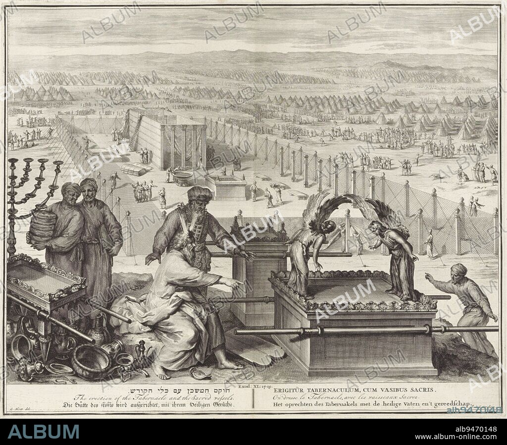 Moses erects the tabernacle, Jacob de Later, after Gerard Hoet (I), 1696 - 1709, Moses pointing to the Ark of the Covenant. In the background, the construction of the tabernacle is taking place. Biblical representation from Ex. 40: 17-10 with the title of the representation in six languages in the margin., print maker: Jacob de Later, (mentioned on object), intermediary draughtsman: Gerard Hoet (I), (mentioned on object), Amsterdam, 1696 - 1709, paper, etching, engraving, h 359 mm × w 434 mm.