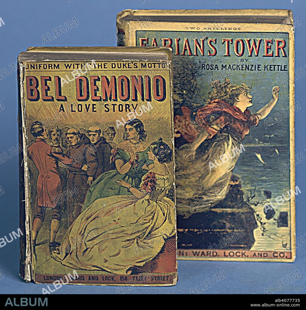 MARY ROSA STUART KETTLE. Front covers of two crime novels. Bel Demonio: a love story ... Translated [from the French] by B. Browne. / Fabian's Tower; a novel [by M. R. S. Kettle]. London, 1863. / London, Guildford [printed : Ward, Lock & Co., 1880]. Source: 12514.aa.19 and 12618.k.3.
