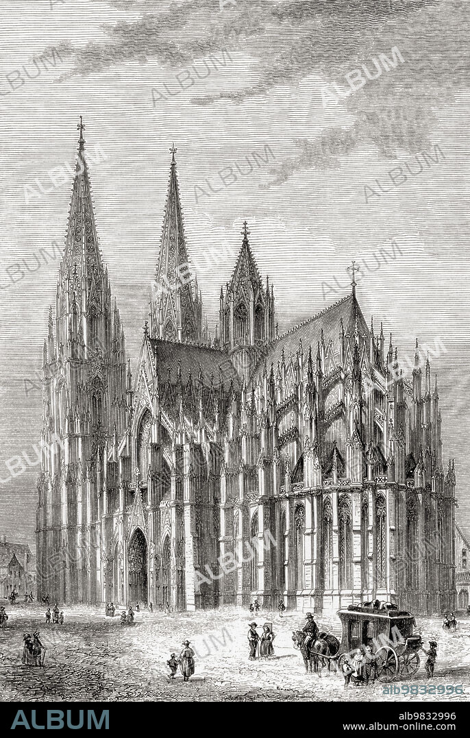 Canterbury Cathedral, Canterbury, Kent,England, seen here in the 19th century. Founded in 597, it was rebuilt between 1070 and 1077, the east end was enlarged at the beginning of the 12th century and largely rebuilt in the Gothic style following a fire in 1174. The Norman nave and transepts survived until the late 14th century when they were demolished to make way for the present structures. From Les Plus Belles Eglises du Monde, published 1861.