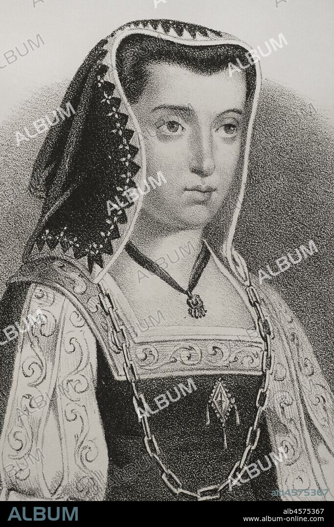 Joanna of Castile (known as Joanna the Mad) (1479-1555). Queen of Castile (1504-1555) and Aragon (from 1516), daughter of the Catholic Monarchs. Wife of Philip the Handsome. Illustration by Llanta, Detail. Lithography. Cr—nica General de Espa–a, Historia Ilustrada y Descriptiva de sus Provincias. Castilla-La Vieja, 1870.