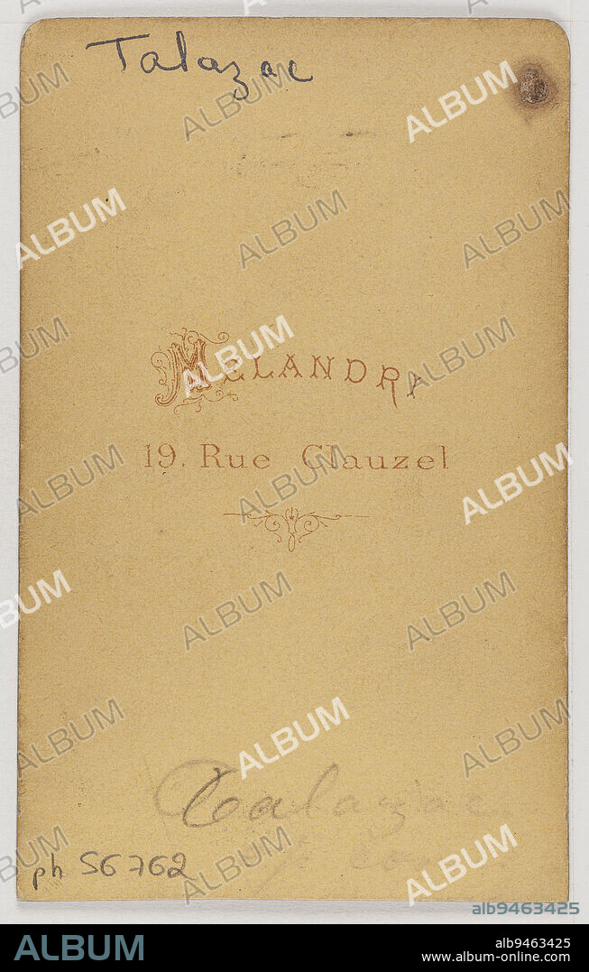 Portrait of Jean-Alexandre Talazac (1853-1892), theater actor and singer in 1877, Melandri, Achille, Photographer, Between 1860 and 1890, 2nd half of the 19th century, Graphic Arts, Photography, Albumen print, Height: 9.1 cm, Width: 6.1 cm.