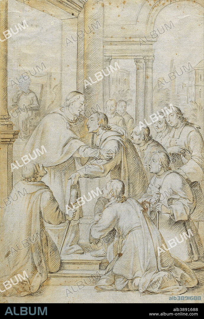 ANTONI VILADOMAT. Saint Bruno Meets Bishop Hugh of Cologne. Date/Period: Ca. 1720. Drawing. Ink wash and black lead on paper. Height: 286 mm (11.25 in); Width: 203 mm (7.99 in).