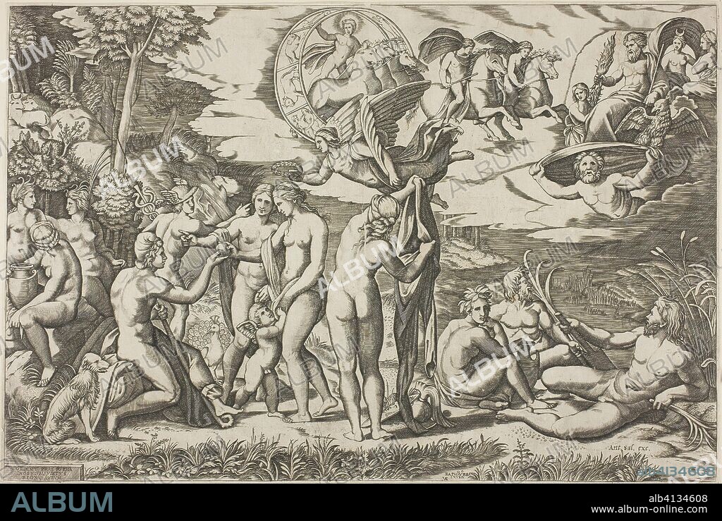 MARCANTONIO RAIMONDI. The Judgment of Paris. Printed by Antonio Salamanca (Italian, 1478-1562); by or after Marcantonio (Italian c. 1480-1534); after Raffaello Sanzio, called Raphael (Italian, 1483-1520). Date: 1515-1525. Dimensions: 291 x 435 mm (plate); 295 x 438 mm (sheet). Engraving in black on ivory laid paper. Origin: Italy.