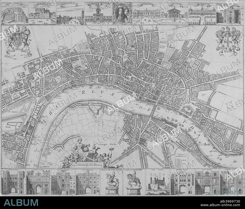 Map of the Cities of London and Westminster and Southwark, 1690. With views of buildings and portraits of William III and Mary II in an oval in the top margin and gates, the Tower of London and statues of Charles I and Charles II in the lower margin.
