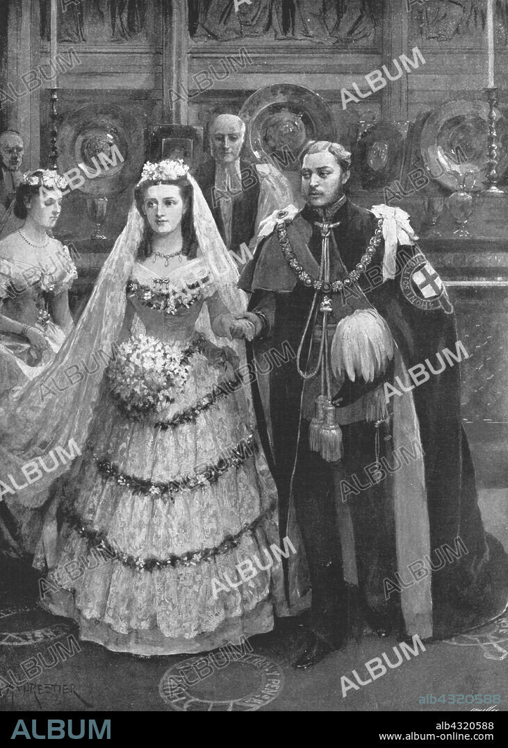 'The Marriage of the Prince of Wales with Princess Alexandra of Denmark in St. George's Chapel, Windsor, March 10th, 1863', (1901). Prince Albert Edward (1841-1910), the future King Edward VII, married Princess Alexandra of Denmark (1844-1925, future Queen Alexandra) at St George's Chapel in Windsor Castle, Berkshire. From "The Illustrated London News Record of the Glorious Reign of Queen Victoria 1837-1901: The Life and Accession of King Edward VII. and the Life of Queen Alexandra". [London, 1901].