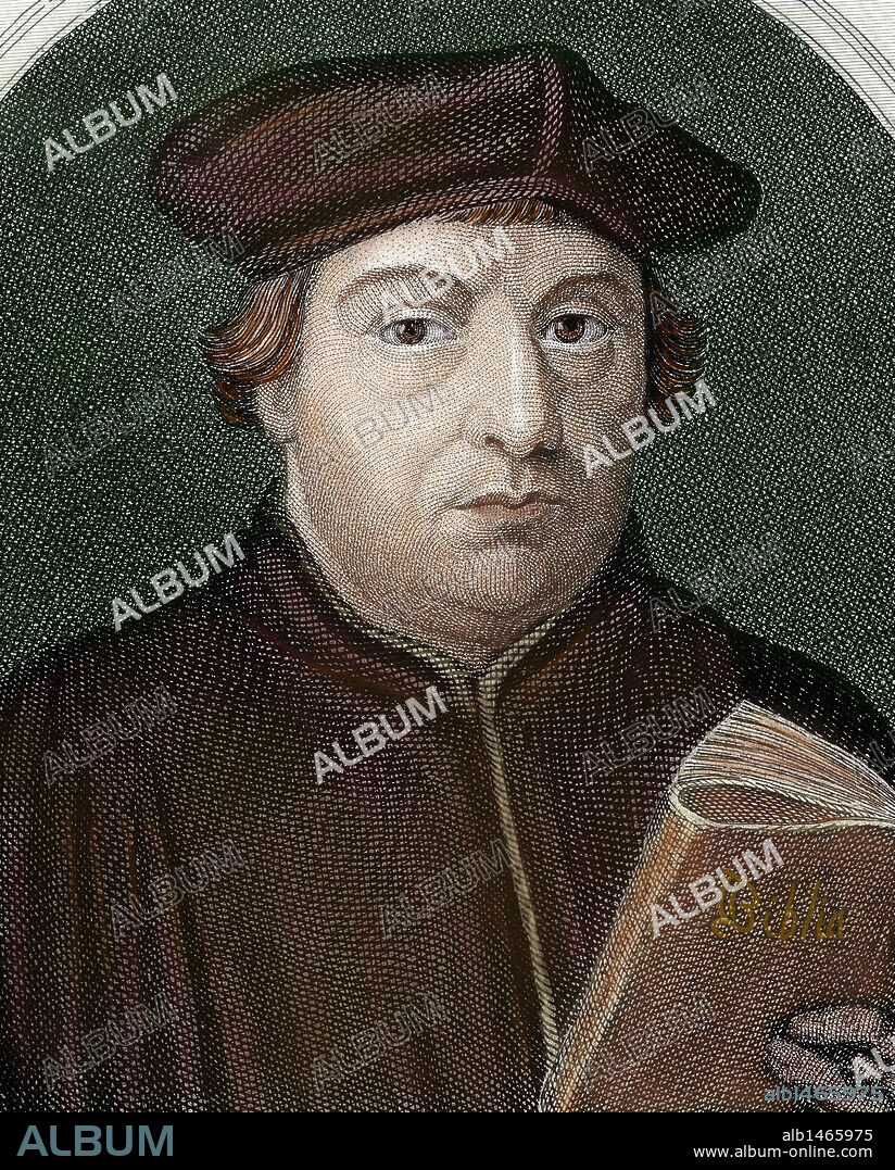 LUTERO, Martin Luther, llamado (Eisleben, 1483-Eisleben, 1546). Reformador alemán. Doctor en Teología y sacerdote agustino. En 1517 expuso las tesis principales del luteranismo en Wittenberg. Fue excomulgado en 1520. Grabado realizado por J. Bastinos. Coloreado. "La Revolución Religiosa" (año 1880) .