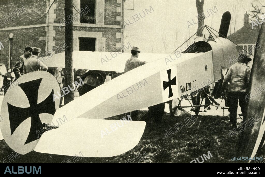 Captured German Fokker plane, First World War, 1915-1916, (c1920). 'A Useful capture by the Allies: a German Fokker monoplane brought down intact on the Western Front'. From "The Great World War: A History", Volume V, edited by Frank A Mumby. [The Gresham Publishing Company Ltd, London, c1920].