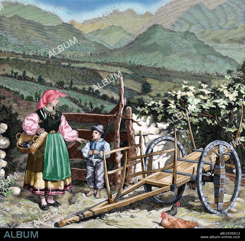 SOCIEDAD SIGLO XVIII-XIX. CAMPESINOS DEL NORTE DE ESPAÑA. Grabado coloreado de "La Ilustración Española y Americana". Siglo XIX.