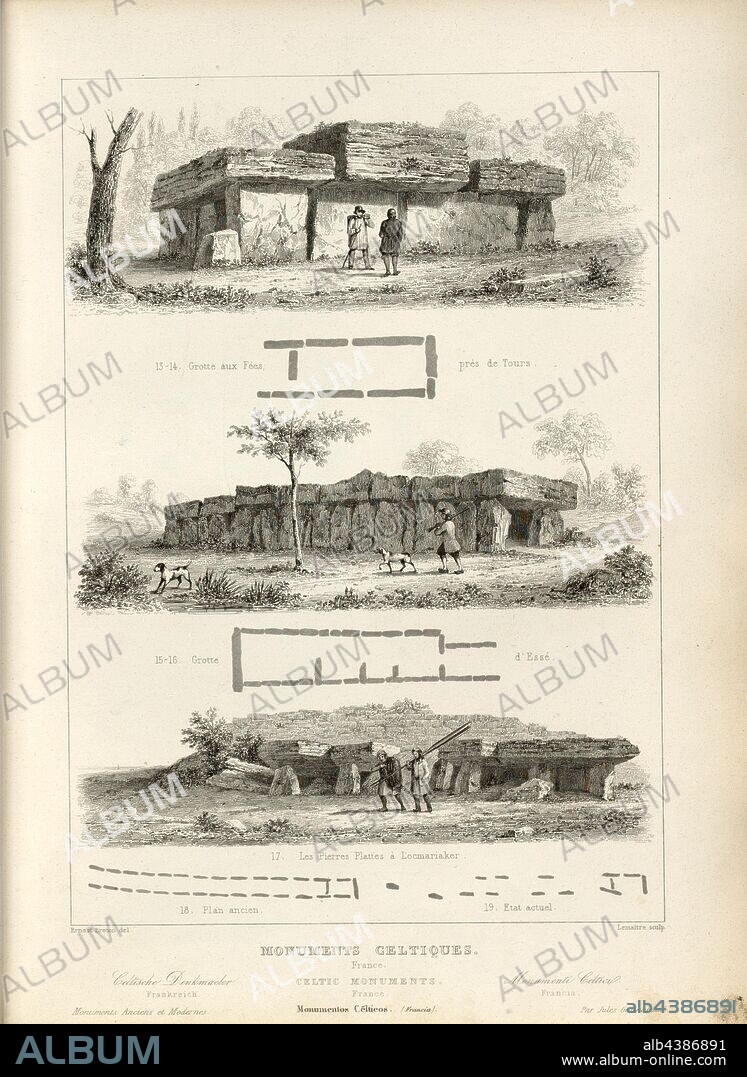 Celtic Monuments, France 4, Dolmen de la Grotte aux Fées near Mettray near Tours, Essé and Locmariaquer, signed: Ernest Breton (del.), Lemaitre (sculp.), Fig. 4, p. 45, Breton, Ernest (del.), Lemaitre, Augustin François (sculp.), 1853, Jules Gailhabaud: Monuments anciens et modernes. Bd. 1. Paris: Librairie de Firmin Didot frères, 1853.