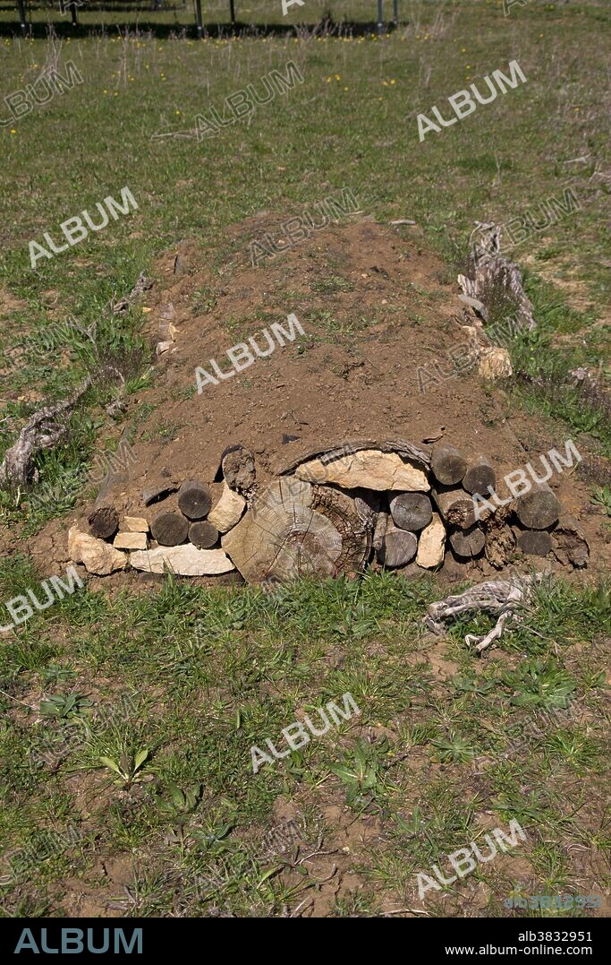 Hibernaculum, an artificial mound of logs and soil to encourage hibernating animals such as hedgehogs to overwinter, at Willersey Solar PV Farm, UK.