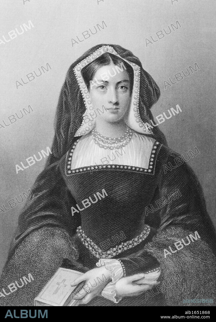 Catherine of Aragon,also spelled Katherine, 1485-1536, first wife of Henry VIII. Engraved by J.W.Knight after F.Newenham.From the book "The Queens of England, Volume I" by Sydney Wilmot. Published London circa. 1890.