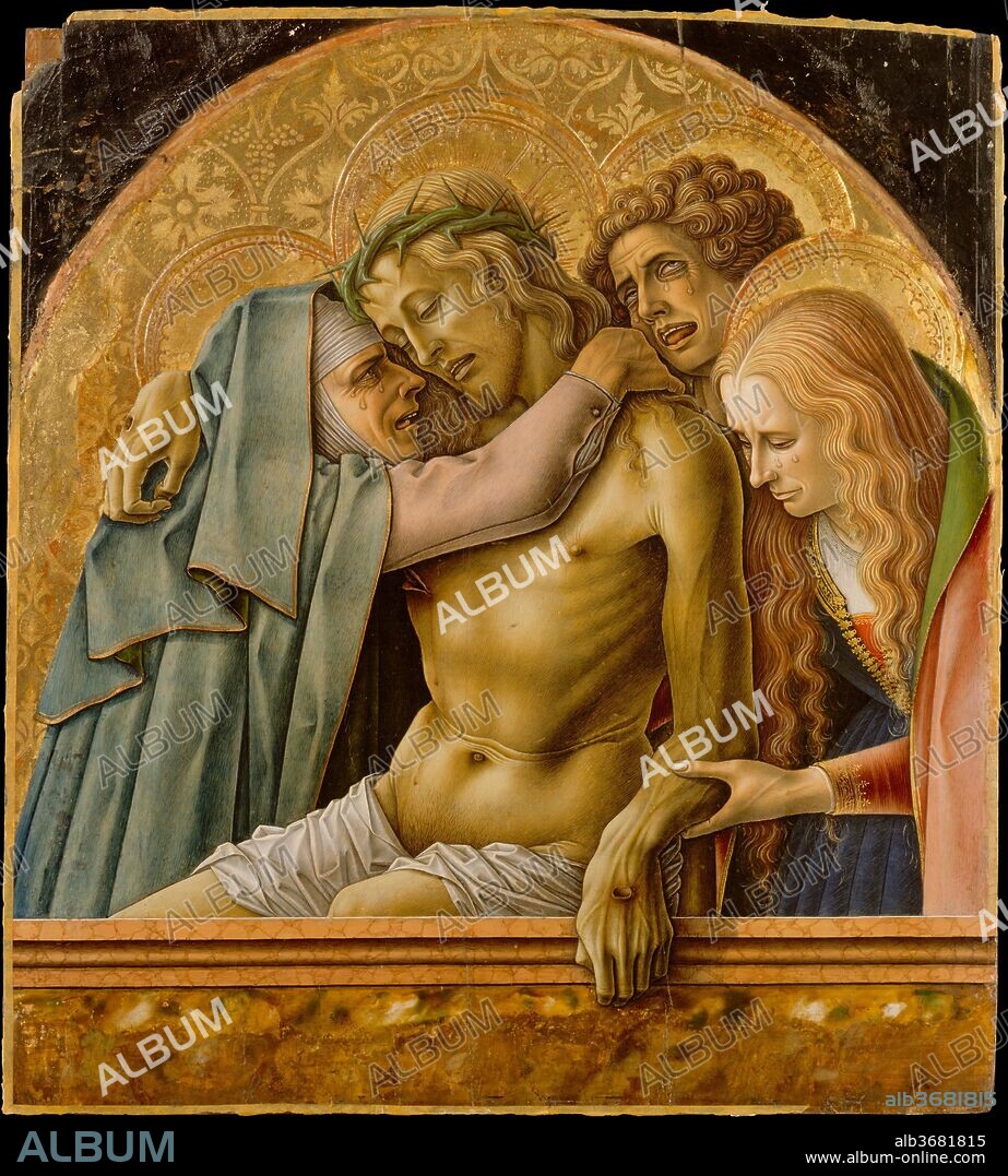 Pietà. Artist: Carlo Crivelli (Italian, Venice (?), active by 1457-died 1495 Ascoli Piceno). Dimensions: Overall 28 1/4 x 25 3/8 in. (71.8 x 64.5 cm); painted surface 28 x 25 1/8 in. (71.1 x 63.8 cm). Date: 1476.
Remarkable for its expressive intensity, this image of the Pietà belonged to an elaborate Gothic altarpiece widely considered Crivelli's masterpiece (National Gallery, London). Crivelli contrasts ornamental effects with details of extreme realism (or surrealism)--such as the hand with swollen wound and pronounced veins that hangs over the tomb's edge into the viewer's space. In the seventeenth century the picture belonged to the Barberini family in Rome: the frame is decorated with their emblem, the bee.