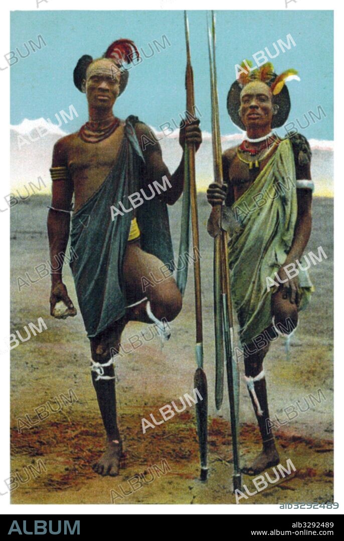 Warriors of the Shilluk; Luo Nilotic people of Southern Sudan, living on both banks of the river Nile circa 1910.