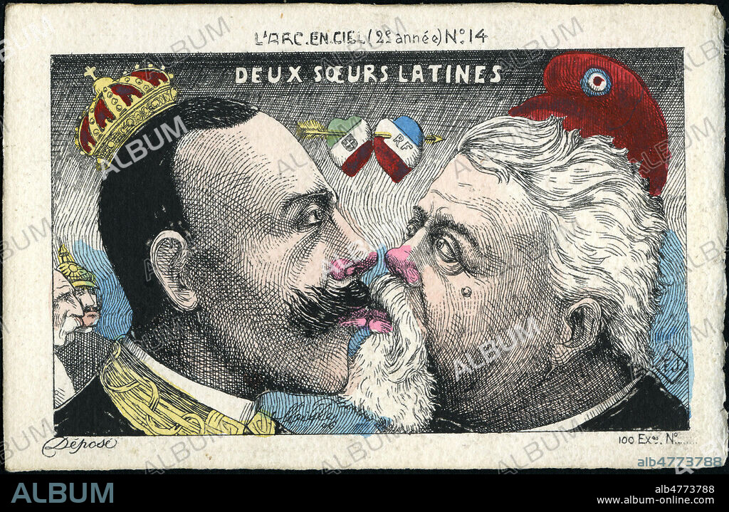 'Deux soeurs latines' : VICTOR EMMANUEL III (1869-1947) embrasse LOUBET (1838-1929). Caricature par MILLE pour une carte postale vers 1905. Credit : Collection IM/KHARBINE-TAPABOR.