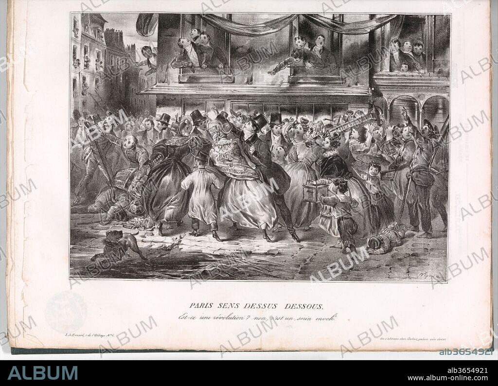 HONORE DAUMIER. Le Charivari, June 1, 1833-November 30, 1833. Artist: Honoré Daumier (French, Marseilles 1808-1879 Valmondois); Pierre-Numa Bassaget, called Numa (French, active 1830-54); Charles-Joseph Traviès (French, 1804-1859). Dimensions: 13 1/8 × 10 × 2 3/8 in. (33.3 × 25.4 × 6 cm). Founder: Journal founded by Charles Philipon (French, Lyons 1800-1862 Paris). Publisher: Aubert et Cie. Date: June 1, 1833-November 30, 1833.
1833. One of five bound volumes of Le Charivari, from 1832 to 1835. A daily satirical periodal issued in Paris between 1832 and 1937, Le Charivari began publishing caricatures satirizing daily life after the 1835 ban on political satire. Artists including Honoré Daumier and Charles-Joseph Traviès contributed lithographs and wood engravings.