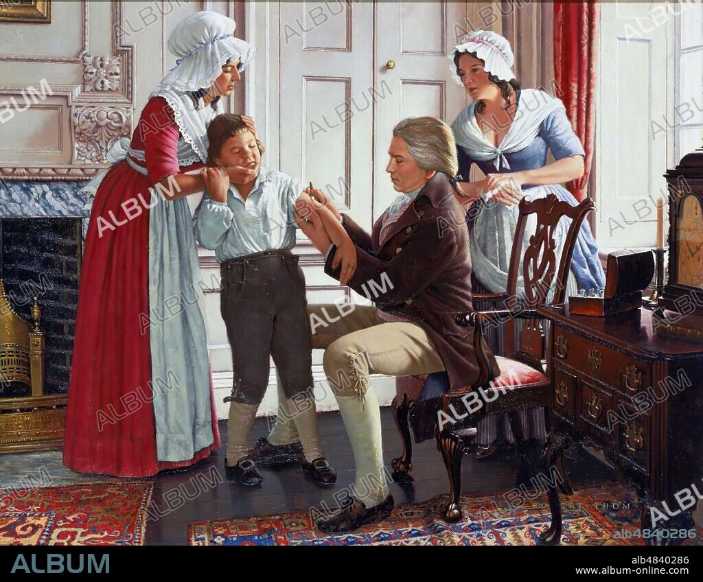 ROBERT A. THOM. Edward Jenner inyectando la primera vacuna contra la viruela al niño James Phipps en 1796, 1965.