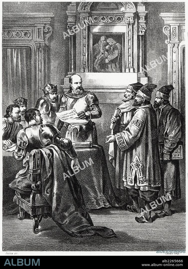 Historia de España. El rey Jaime I el Conquistador recibiendo una embajada del Khan de Tartaria, en Toledo, en 1268. Grabado de 1872.
