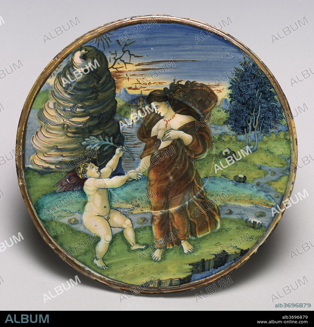 WORKSHOP OF MAESTRO GIORGIO ANDREOLI OF GUBBIO; PAINTING ATTRIBUTED TO THE PAINTER OF THE THREE GRACES. Plate with the reconciliation of Cupid and Minerva. Dated: 1525. Dimensions: overall (diameter): 26 cm (10 1/4 in.). Medium: tin-glazed earthenware (maiolica).