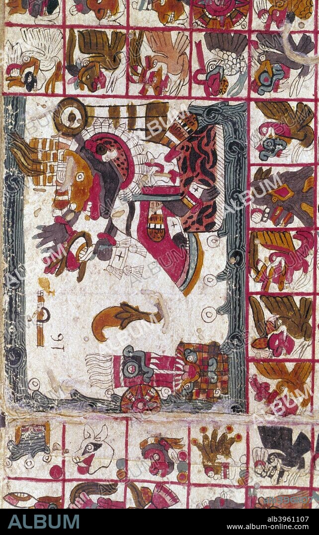 Tonalamatl Aubin, Folio 16, 15th century? Pre-Columbian style Aztec Tonalamatl (Paper of Days), a religious manuscript painted on agave paper. From the Biblioteque Nationale, Paris.