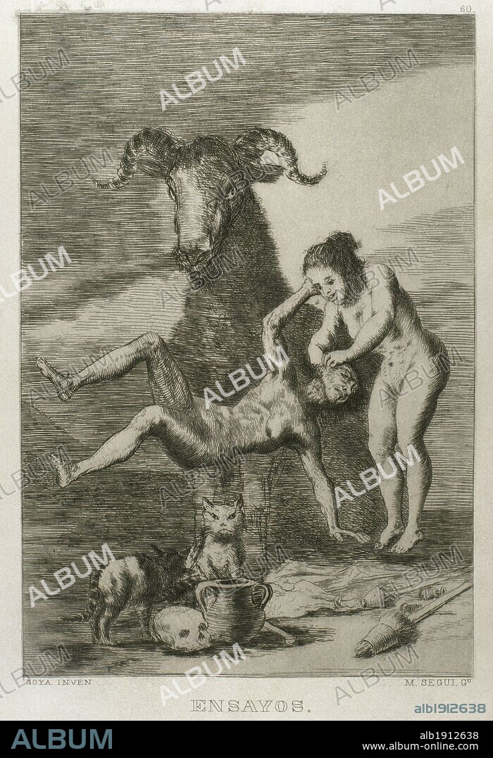 ARTE S. XVIII. ESPAÑA. GOYA, Francisco (Fuendetodos, 1746-Burdeos, 1828). Pintor y grabador español. "ENSAYOS". Aguafuerte que perteneece a la colección de 84 grabados titulada "CAPRICHOS" de temática satírico-fantasmagórica, editados en el año 1799. Reproducción de M. Seguí i Riera.
