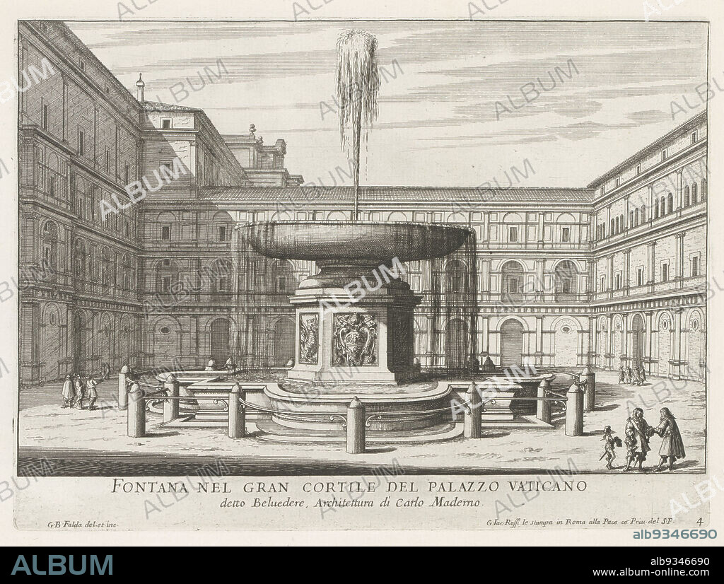Fountain in the Cortile del Belvedere in the Vatican, Fontana nel gran cortile del Palazzo Vaticano (title on object), Fontane di Roma (series title), Fountains of Rome (series title), Numbered lower right: 4. The print is part of an album., print maker: Giovanni Battista Falda (mentioned on object), Giovanni Battista Falda (mentioned on object), print maker: Italy, Italy, publisher: Rome, Vaticaanstad, 1653 - 1691, paper, etching, height 212 mm × width 287 mm.