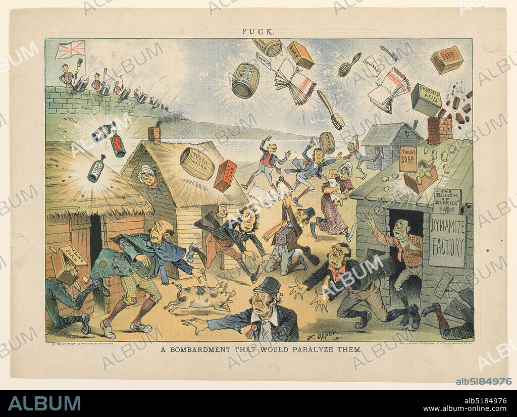 A Bombardment That Would Paralyze Them, Frederick Burr Opper, American, 18571937, Mayer, Merkel & Ottoman, Colored lithograph on paper, A settlement of four houses in foreground is bombed with soap products, towels, water barrels, etc. from a fortress background. People are running out from houses in panic. Illustration for back cover of Puck, Vol. XIII, No. 319, April 18, 1883., USA, ca. 1893, Print, Print.