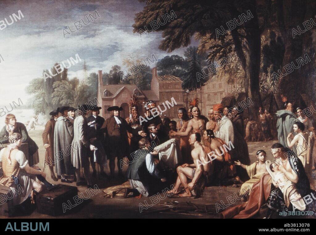 The Treaty of Penn with the Indians, sometimes known as Penn's Treaty with the Indians at Shackamaxon, an oil painting by Benjamin West, completed in 1771-2. The painting depicts William Penn entering into peace treaty in the 1680s with Tamanend, a chief of the Lenape ("Delaware Indians") Turtle Clan, under the shade of an elm tree near the village of Shackamaxon (now Kensington) in Pennsylvania.