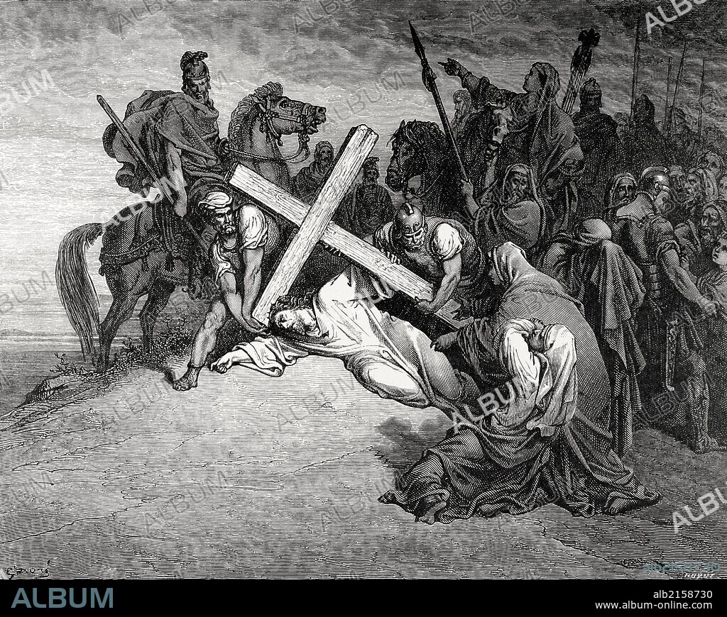 NUEVO TESTAMENTO. JESUS. "JESUS LLEGA A LA CIMA DEL CALVARIO". Evangelio de san Juan. Cap. XIX. Versículo 16 y 17. Dibujo de G. Doré. Grabador Huyot. Siglo XIX.