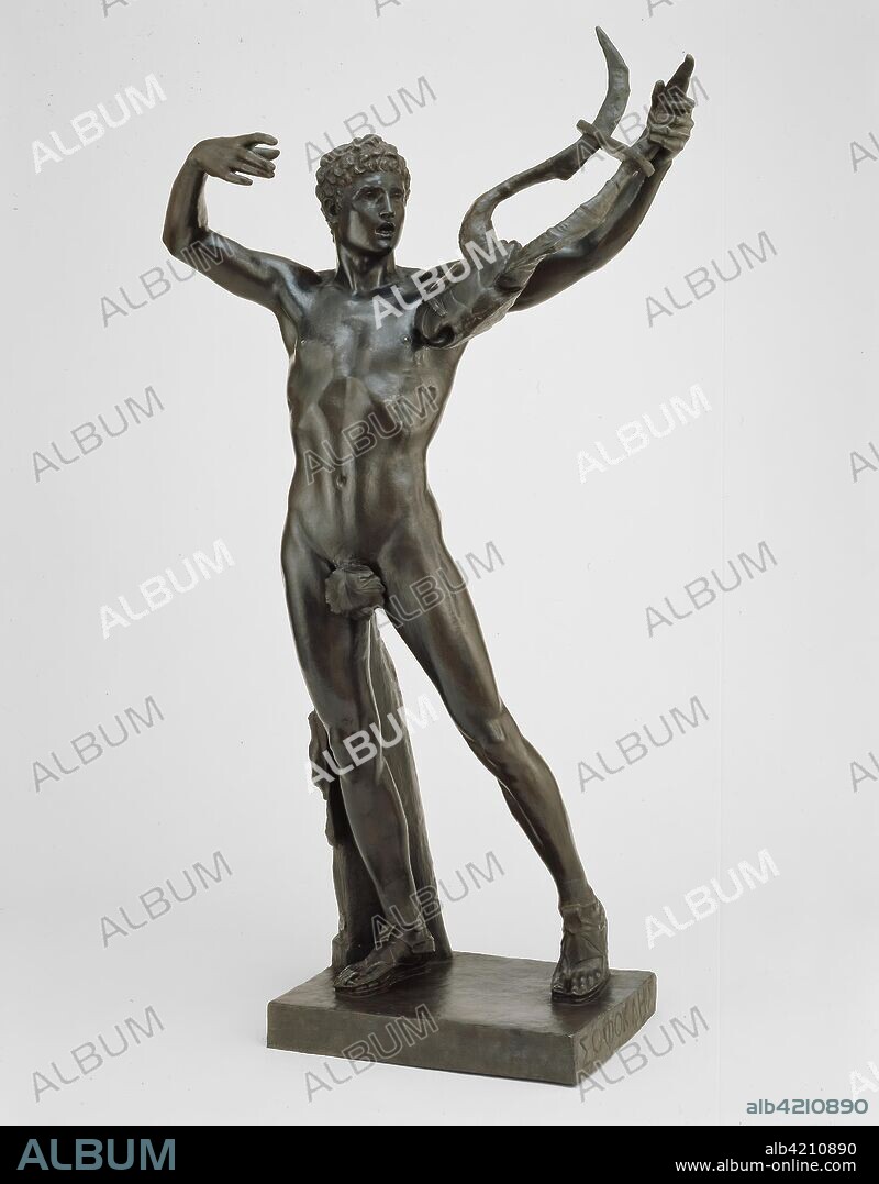 Young Sophocles Leading the Chorus of Victory after the Battle of Salamis. John Donoghue; American, 1853-1903; Gorham Manufacturing Co.; Providence, Rhode Island, founded 1831. Date: 1911. Dimensions: 236.9 × 127 × 81.3 cm (93 1/4 × 50 × 32 in.). Bronze with green patina. Origin: United States.