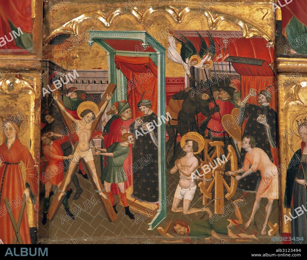 BORRASSA, Lluis (Girona, h,1360-Barcelona,1426). Pintor catalán. "RETABLO DE LA VERGE I SANT JORDI" (280 x 235 cm). Pintura al temple de huevo sobre madera. Obra realizada en Barcelona hacia 1390-1400. Escenas del MARTIRIO DE SAN JORGE. POTRO Y RUEDA. Iglesia del Convento de Sant Francesc de Vilafranca del Penedès. Provincia de Barcelona. Cataluña.