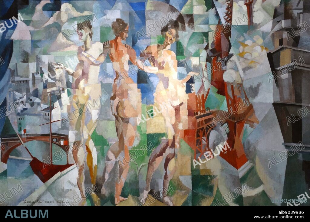 Painting titled 'The City of Paris' by Robert Delaunay (1885-1941) French artist who co-founded the Orphism art movement. Dated 1912.